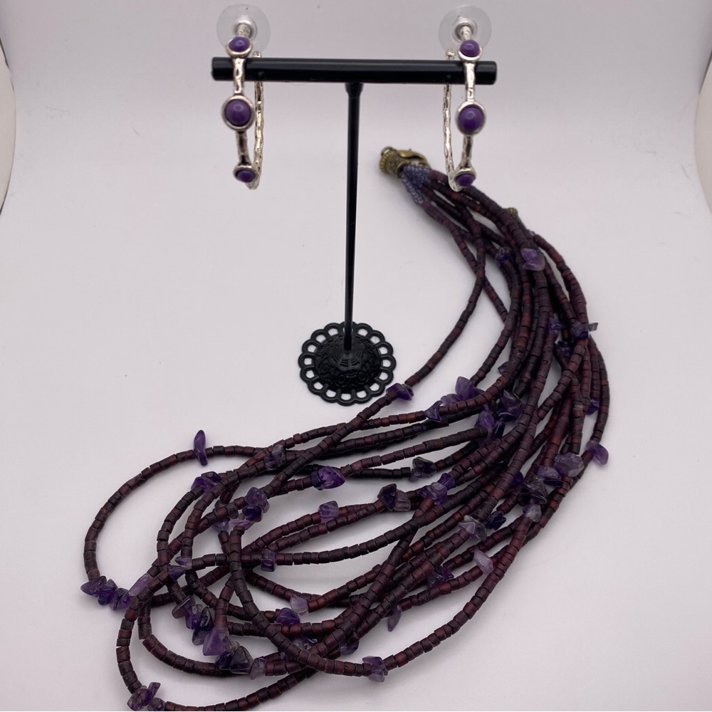 Coldwater Creek Purple Beaded Necklace and Pierced Earring Set